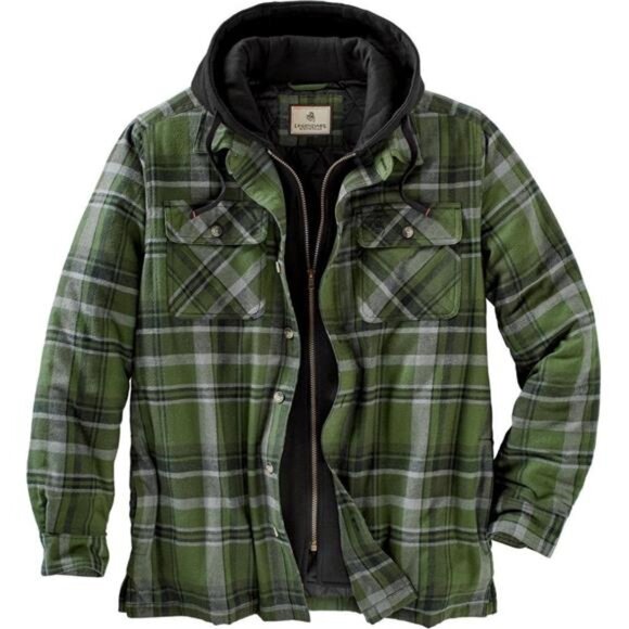 Mens Plaid Flannel Shirt Jacket Quilted Insulated Hooded Work Outdoors Coat - Picture 1 of 7